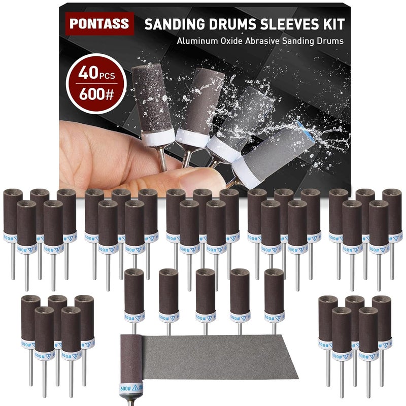 PONTASS 600 Grit 40 PCS Sanding Drums for Dremel Rotary Tools Accessories, Sanding Bits Kit for Dremel Sanding Bands with 1/8 inch Shank, Sandpaper Sticks Set for Plastic Wood Metal Grinding Polishing - Image 1